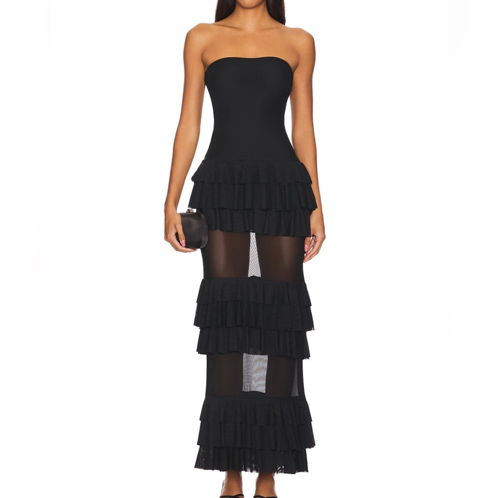 superdown Black Strapless Ruffle Maxi Dress